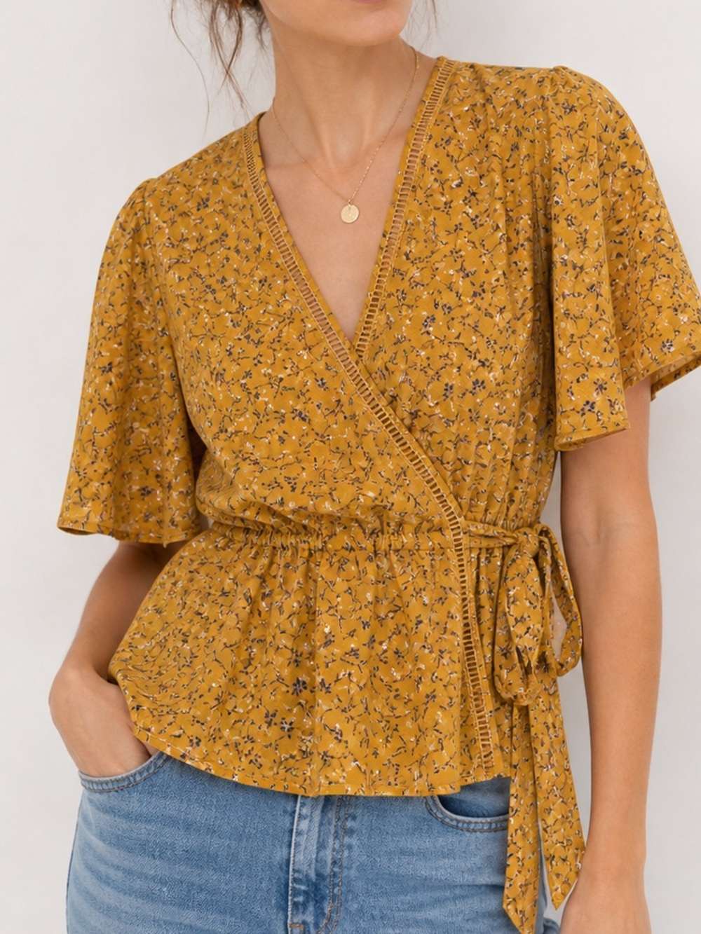 Sienna Sky Mustard Floral Wrap Blouse Tie Waist Boho Peplum Top Medium